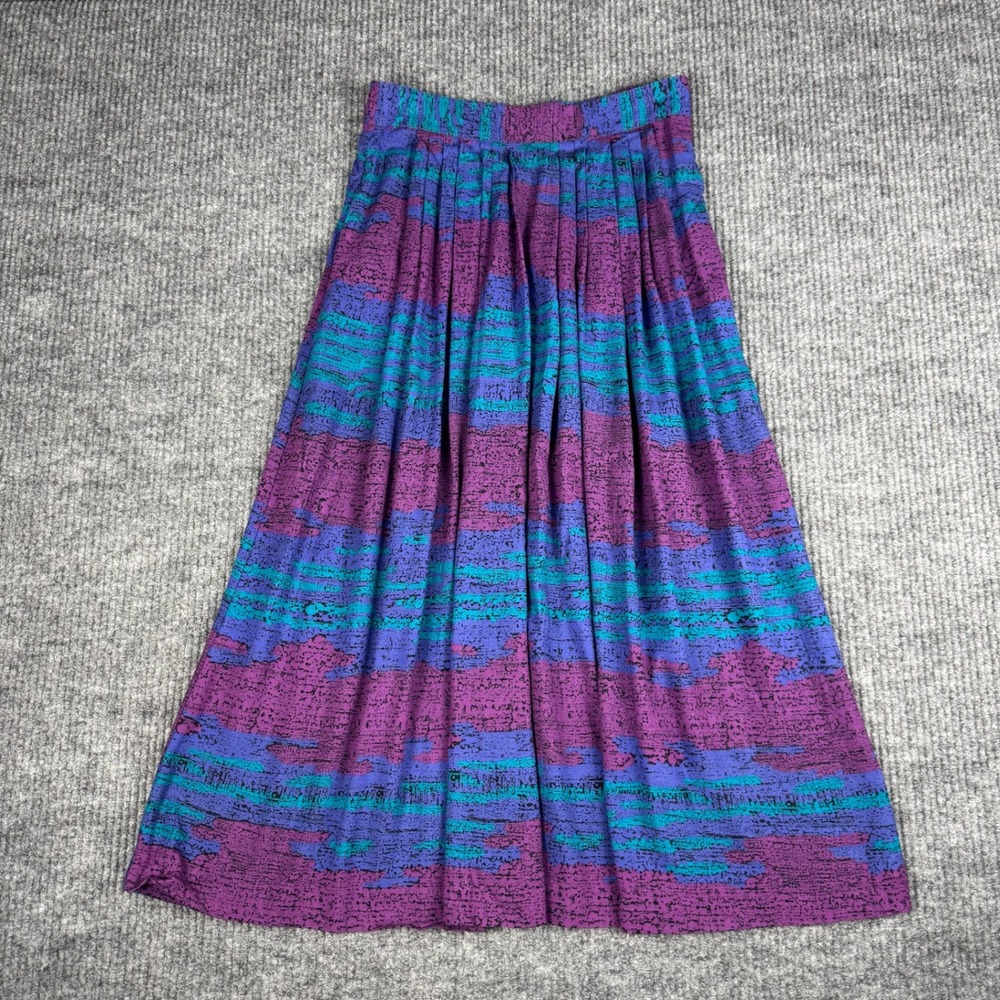 Vtg 80s Midi Skirt Womens S Purple Abstract Rayon Pleated Pockets Flowy Pockets